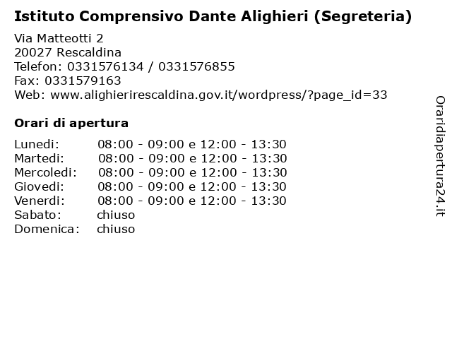 Orari di apertura Istituto Comprensivo Dante Alighieri